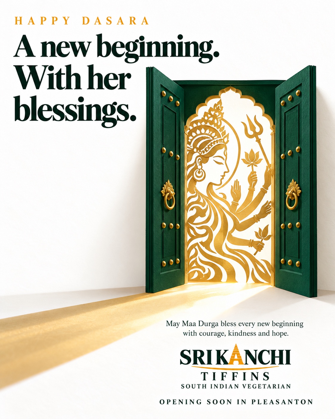 Happy Dasara. A new beginning. With her blessings. May Maa Durga bless every new beginning with courage, kindness, and hope. Sri Kanchi Tiffins — opening soon in Pleasanton.